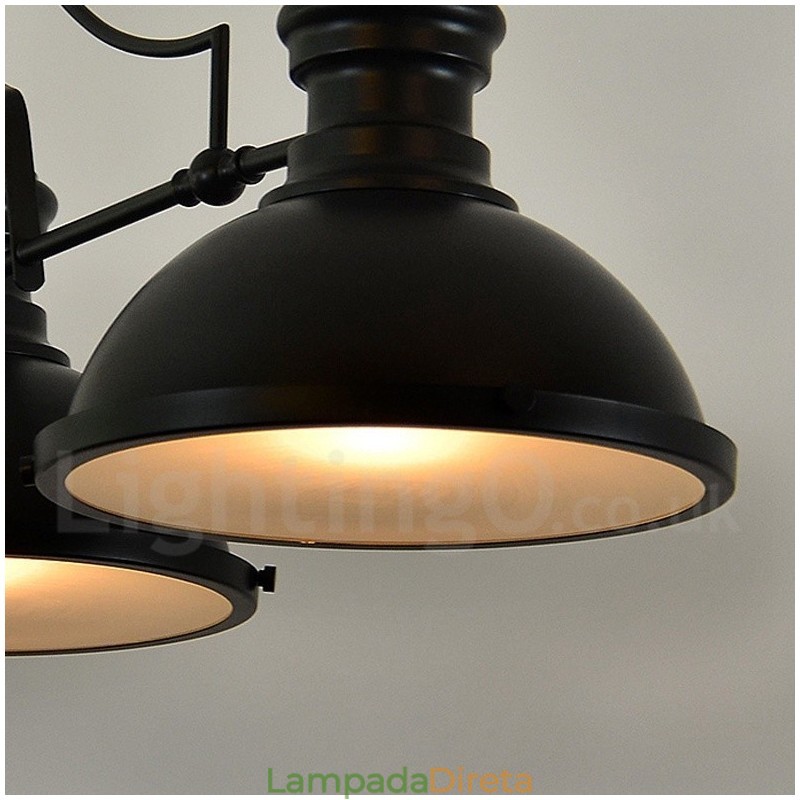 Luminária pendente retrô rústica de aço com 3 luzes e cúpula de aço