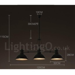 Luminária pendente retrô rústica de aço com 3 luzes e cúpula de aço