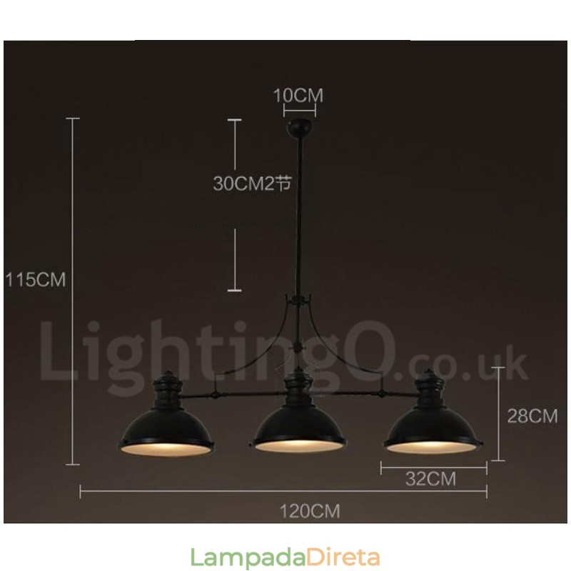 Luminária pendente retrô rústica de aço com 3 luzes e cúpula de aço