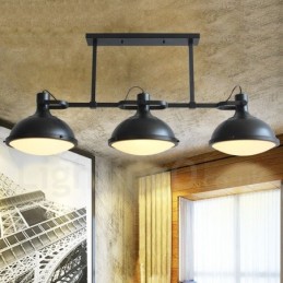 Luminária pendente retrô rústica de aço com 3 luzes e cúpula de vidro
