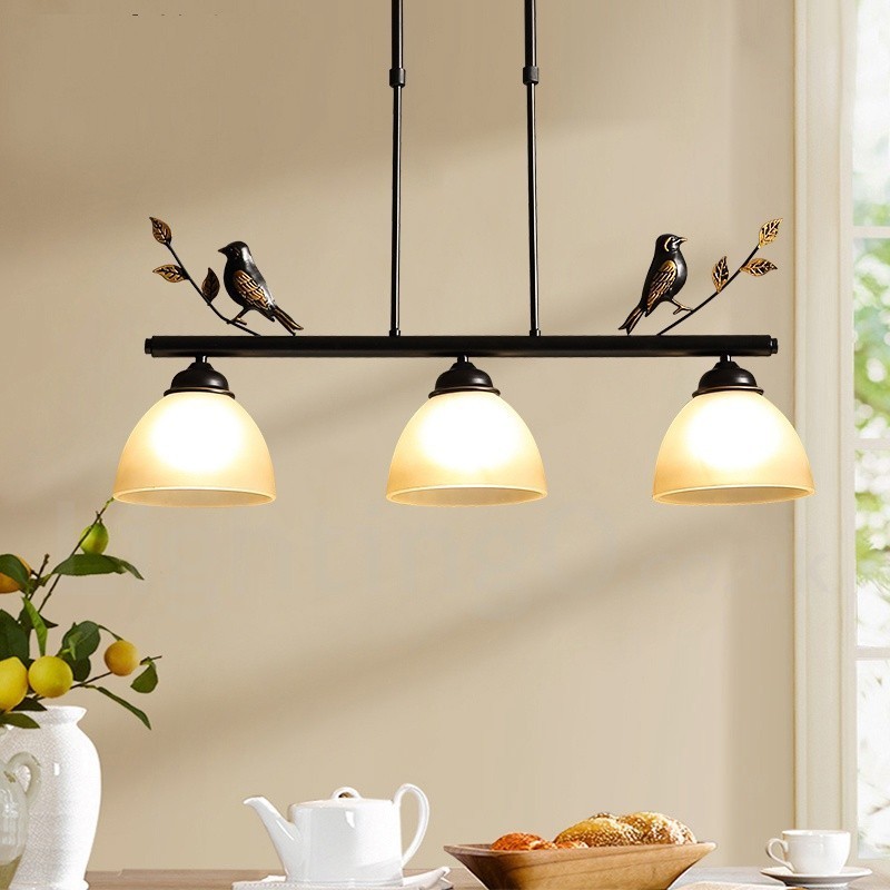 Luminária pendente retrô rústica de aço com 3 luzes e cúpula de vidro