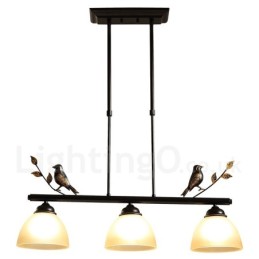 Luminária pendente retrô rústica de aço com 3 luzes e cúpula de vidro
