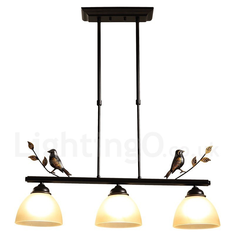 Luminária pendente retrô rústica de aço com 3 luzes e cúpula de vidro