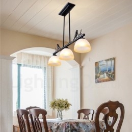 Luminária pendente retrô rústica de aço com 3 luzes e cúpula de vidro