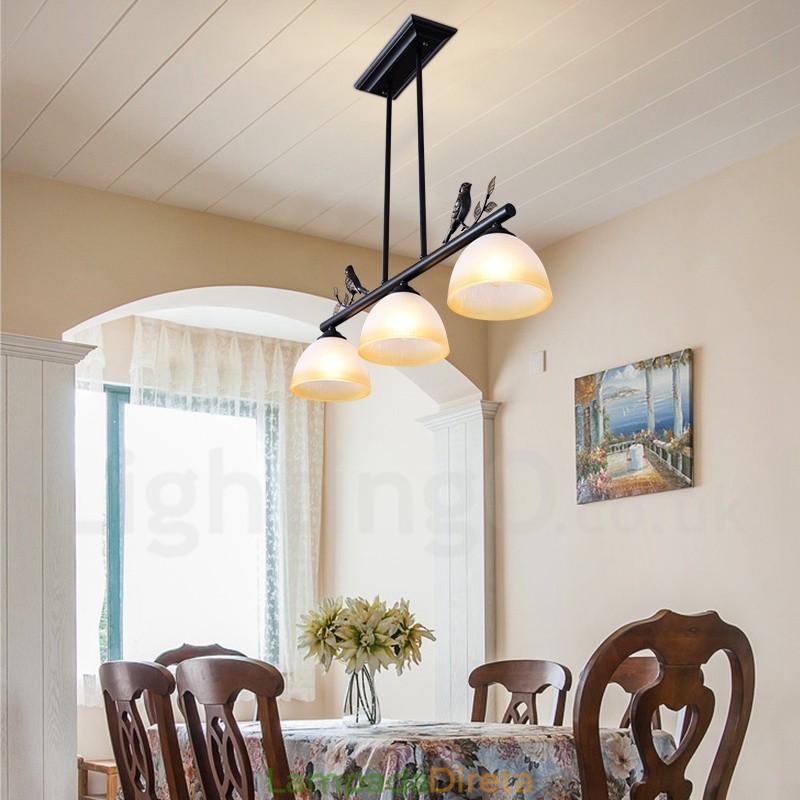 Luminária pendente retrô rústica de aço com 3 luzes e cúpula de vidro