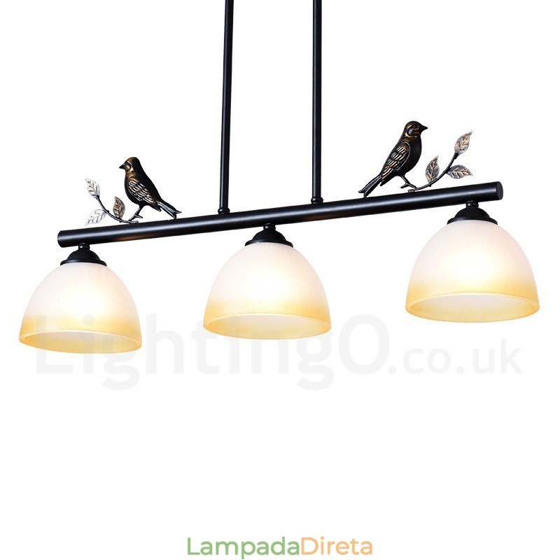 Luminária pendente retrô rústica de aço com 3 luzes e cúpula de vidro