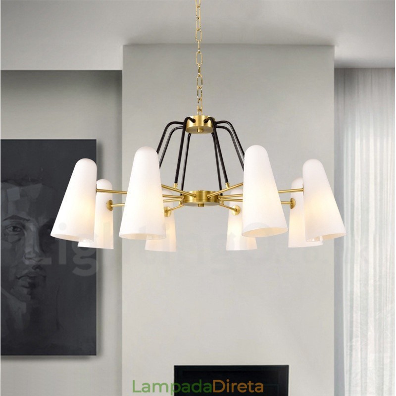8 Luz Retro Rústico Luxo Latão Pendente Lâmpada Lustre com Sombra de Vidro