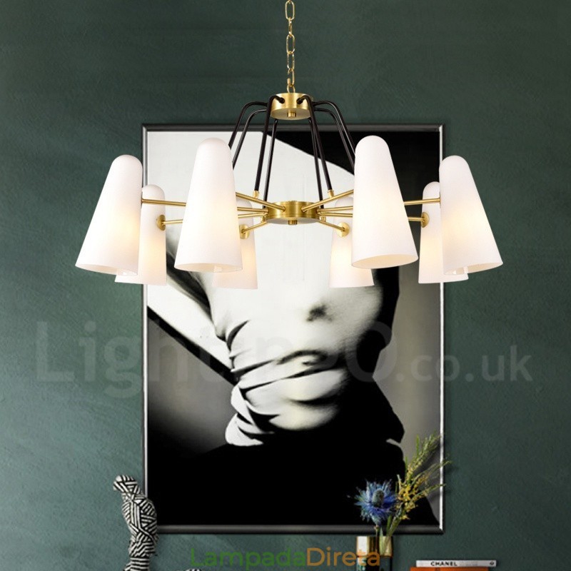 8 Luz Retro Rústico Luxo Latão Pendente Lâmpada Lustre com Sombra de Vidro