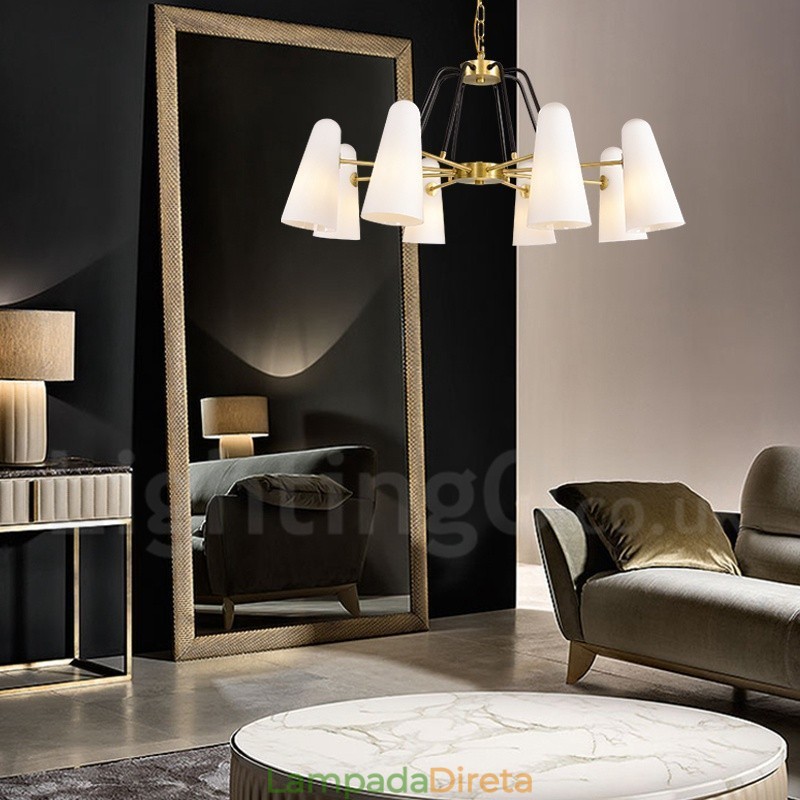 8 Luz Retro Rústico Luxo Latão Pendente Lâmpada Lustre com Sombra de Vidro