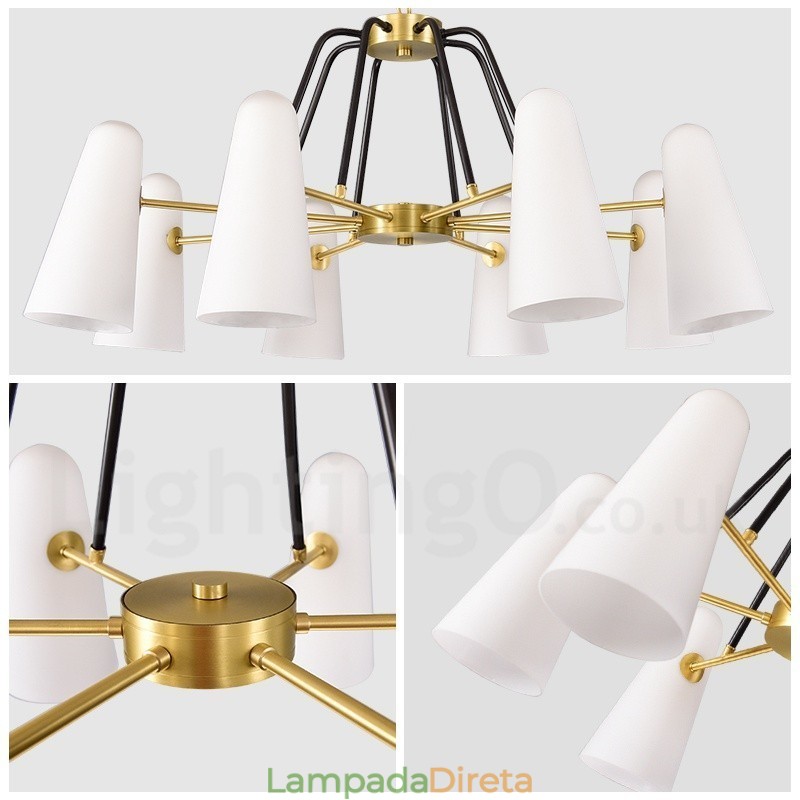 8 Luz Retro Rústico Luxo Latão Pendente Lâmpada Lustre com Sombra de Vidro