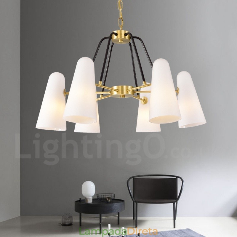 6 Luz Retro Rústico Luxo Latão Pendente Lâmpada Lustre com Sombra de Vidro