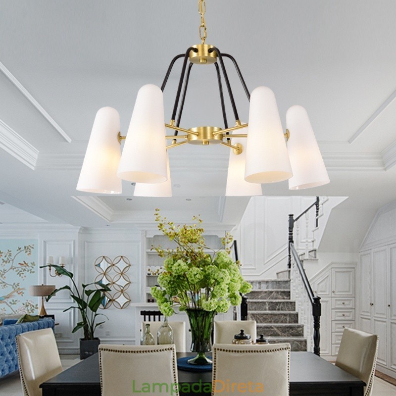 6 Luz Retro Rústico Luxo Latão Pendente Lâmpada Lustre com Sombra de Vidro