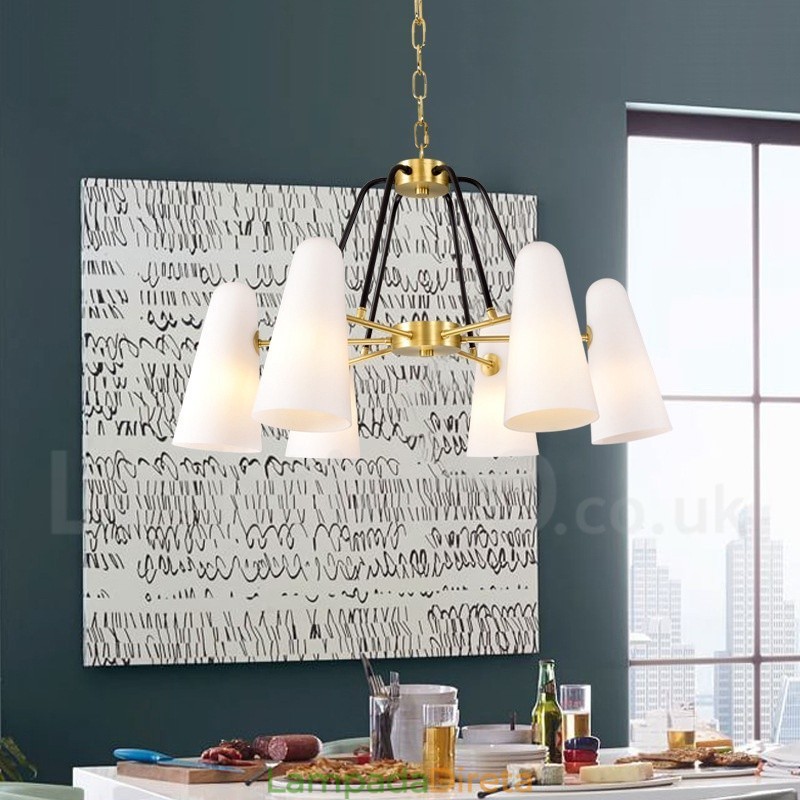 6 Luz Retro Rústico Luxo Latão Pendente Lâmpada Lustre com Sombra de Vidro