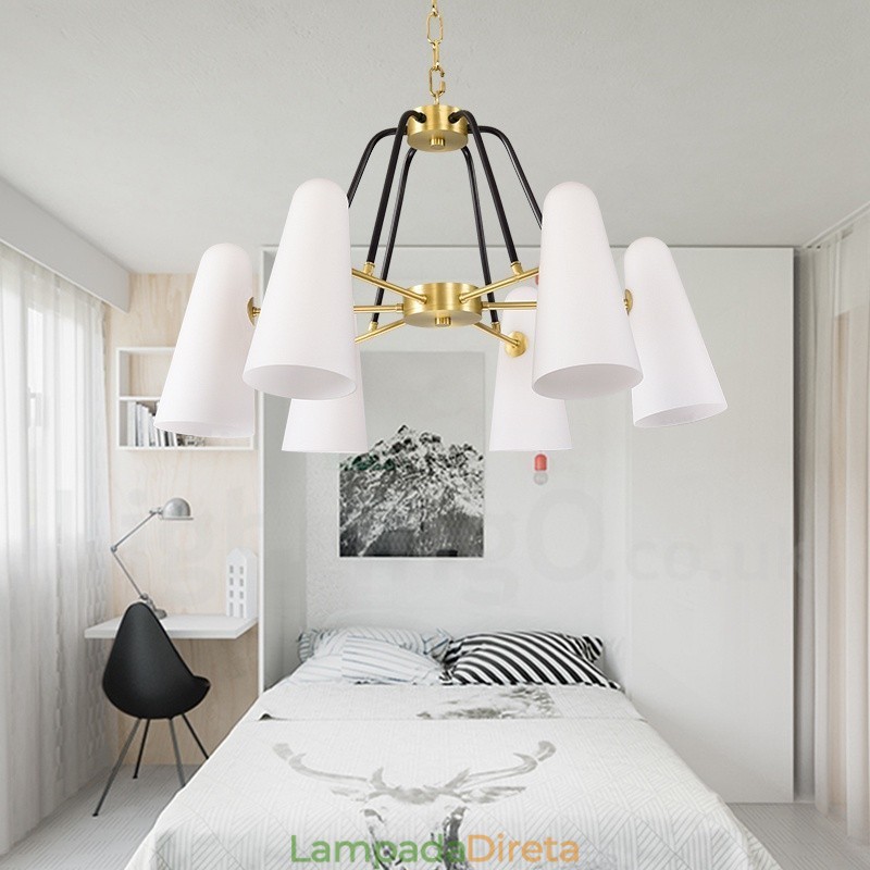 6 Luz Retro Rústico Luxo Latão Pendente Lâmpada Lustre com Sombra de Vidro