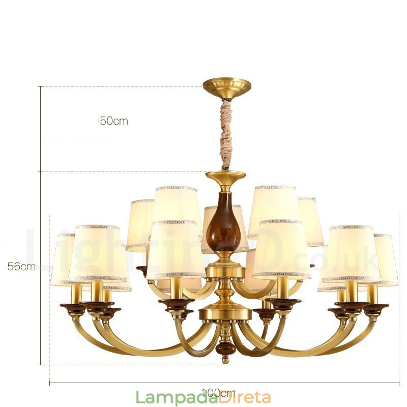 15 Luz Retro Rústico Luxo Latão Pendente Lâmpada Lustre com Sombra de Vidro