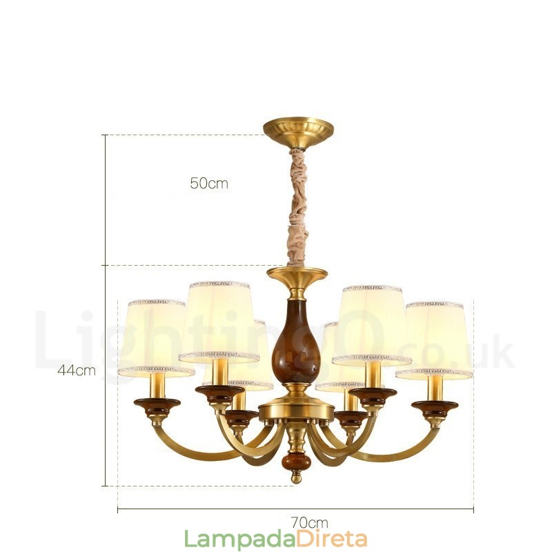 6 Luz Retro Rústico Luxo Latão Pendente Lâmpada Lustre com Sombra de Vidro