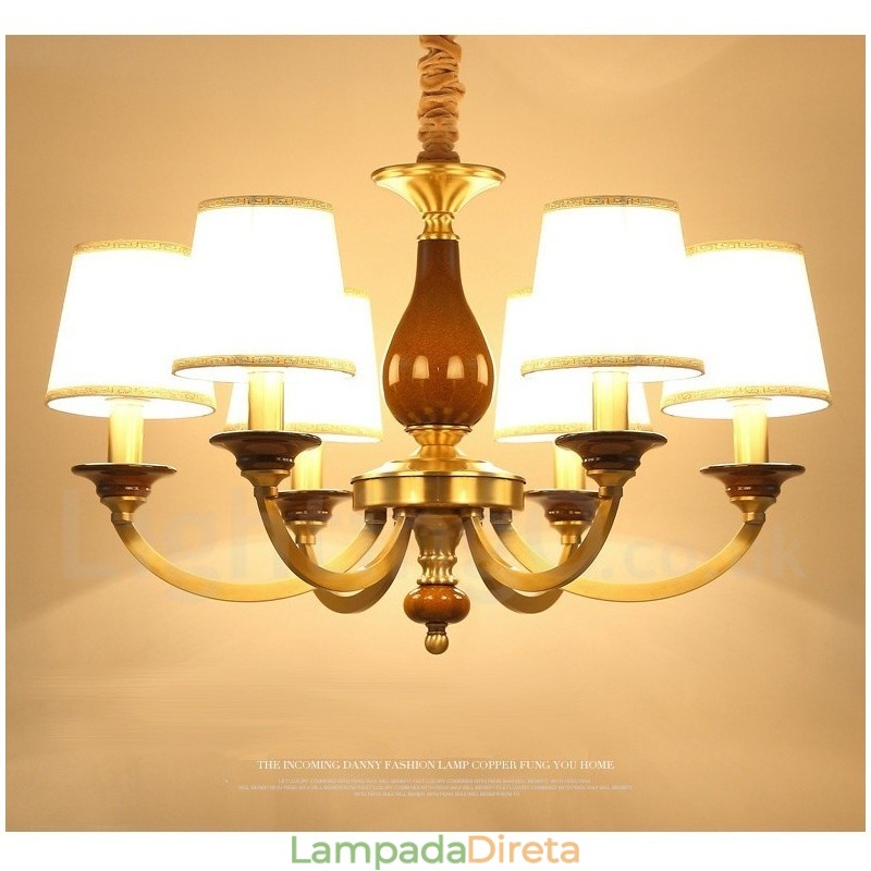 6 Luz Retro Rústico Luxo Latão Pendente Lâmpada Lustre com Sombra de Vidro