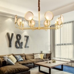Lustre de pingente de latão luxuoso retrô rústico de 8 luzes com cúpula de vidro