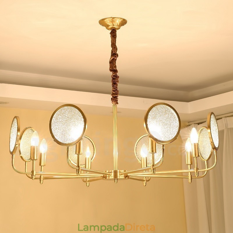 Lustre de pingente de latão luxuoso retrô rústico de 8 luzes com cúpula de vidro
