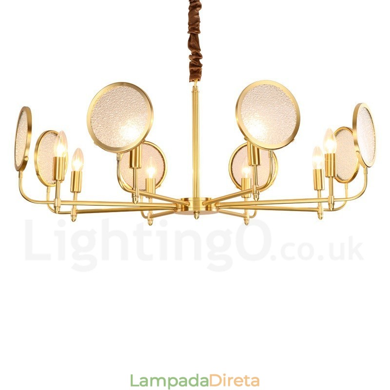 Lustre de pingente de latão luxuoso retrô rústico de 8 luzes com cúpula de vidro