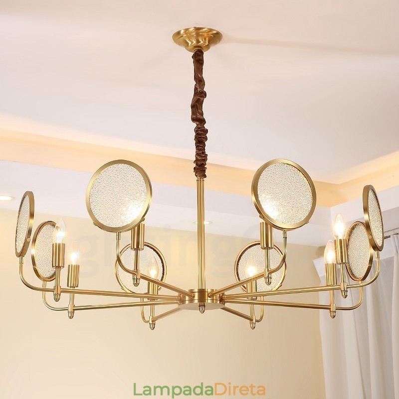 Lustre de pingente de latão luxuoso retrô rústico de 8 luzes com cúpula de vidro