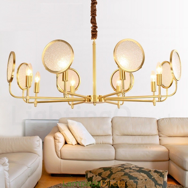 Lustre de pingente de latão luxuoso retrô rústico de 8 luzes com cúpula de vidro