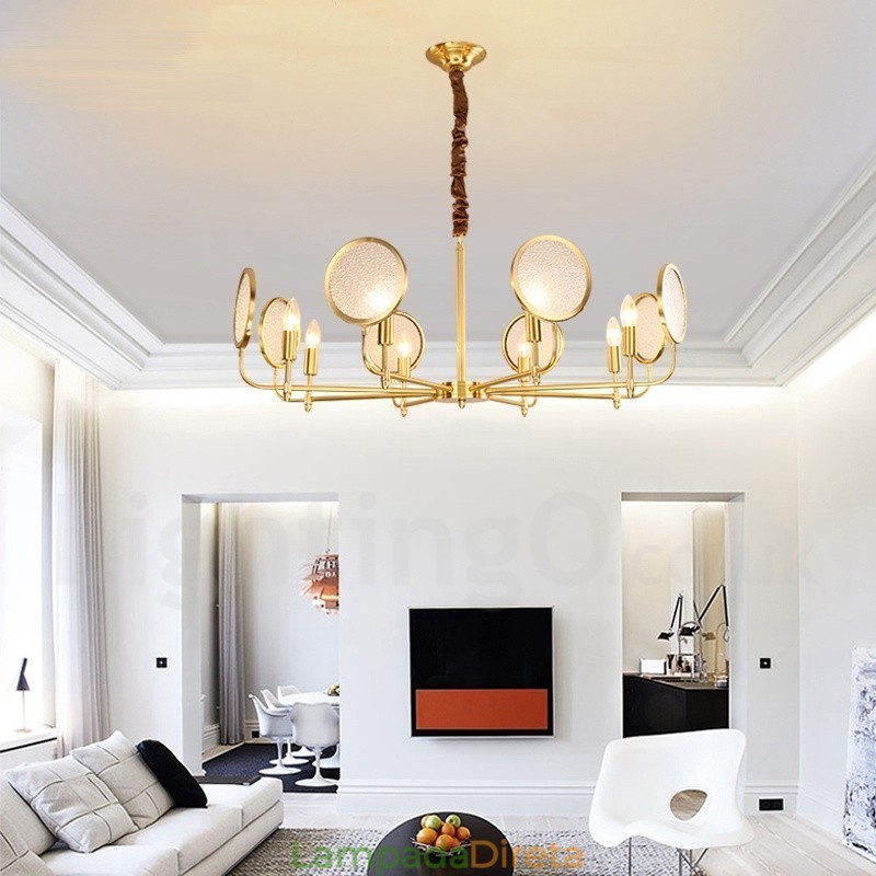 Lustre de pingente de latão luxuoso retrô rústico de 8 luzes com cúpula de vidro