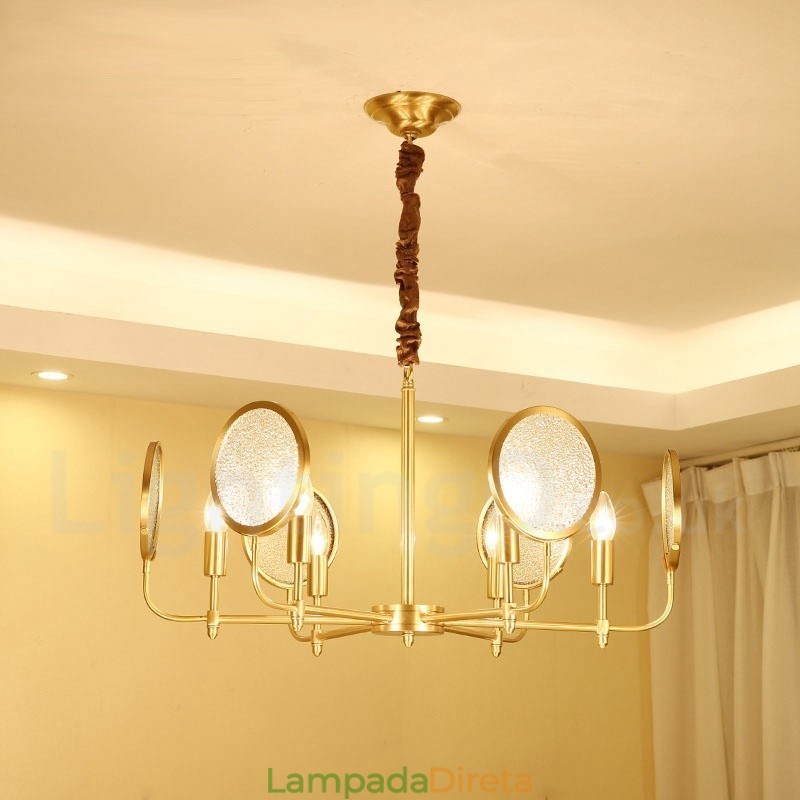 6 Luz Retro Rústico Luxo Latão Pendente Lâmpada Lustre com Sombra de Vidro