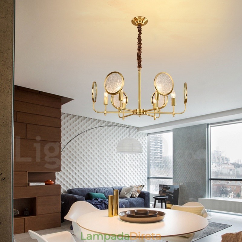 6 Luz Retro Rústico Luxo Latão Pendente Lâmpada Lustre com Sombra de Vidro