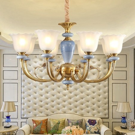 Lustre de pingente de latão luxuoso retrô rústico de 8 luzes com cúpula de vidro Lustre de pingente de latão luxuoso retrô rústico de 8 luzes com cúpula de vidro
