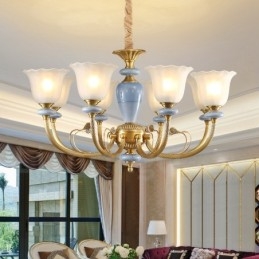 Lustre de pingente de latão luxuoso retrô rústico de 8 luzes com cúpula de vidro