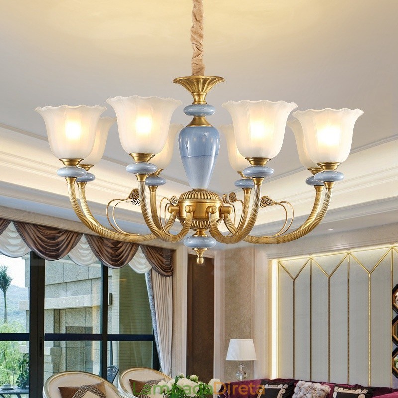Lustre de pingente de latão luxuoso retrô rústico de 8 luzes com cúpula de vidro