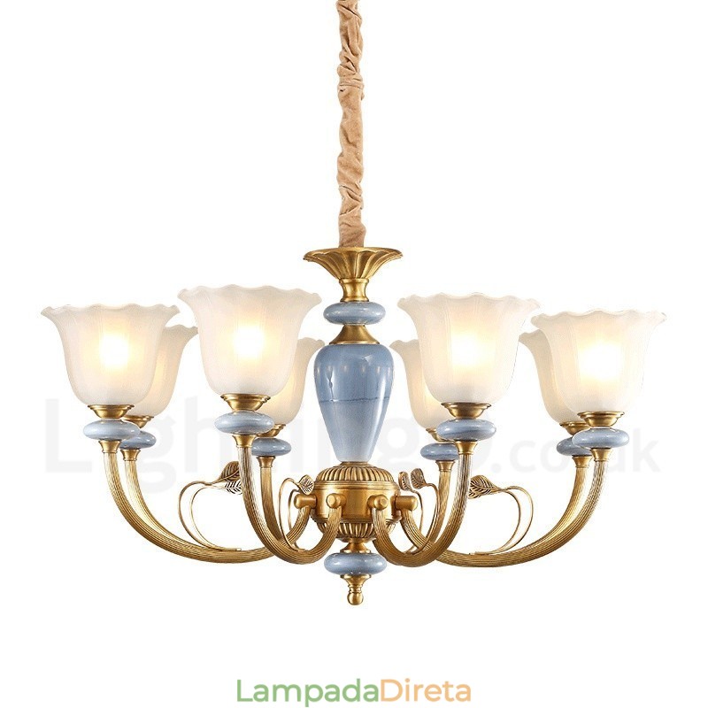 Lustre de pingente de latão luxuoso retrô rústico de 8 luzes com cúpula de vidro