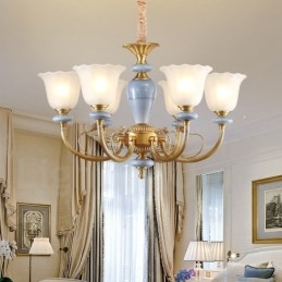 6 Luz Retro Rústico Luxo Latão Pendente Lâmpada Lustre com Sombra de Vidro