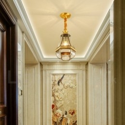 1 Lustre de pingente de latão retrô rústico de luxo com abajur de vidro