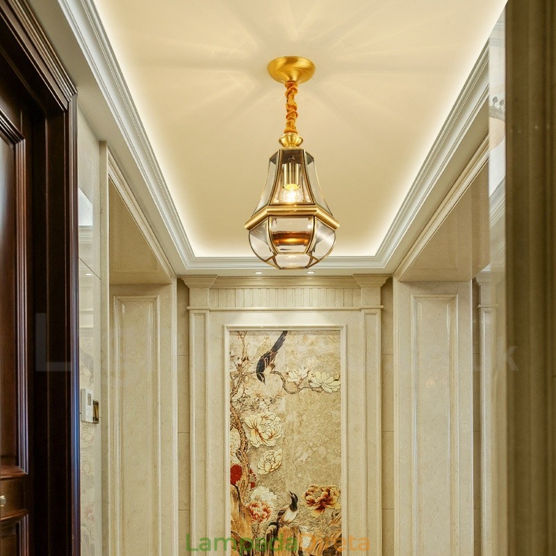 1 Lustre de pingente de latão retrô rústico de luxo com abajur de vidro