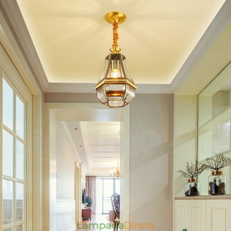 1 Lustre de pingente de latão retrô rústico de luxo com abajur de vidro