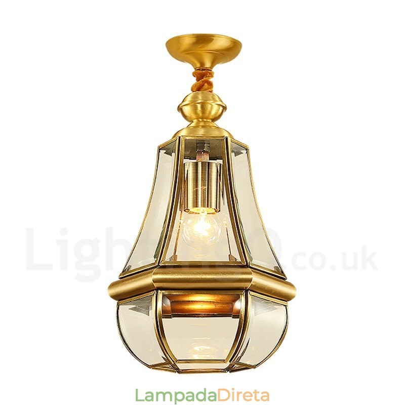 1 Lustre de pingente de latão retrô rústico de luxo com abajur de vidro