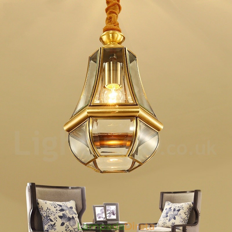 1 Lustre de pingente de latão retrô rústico de luxo com abajur de vidro
