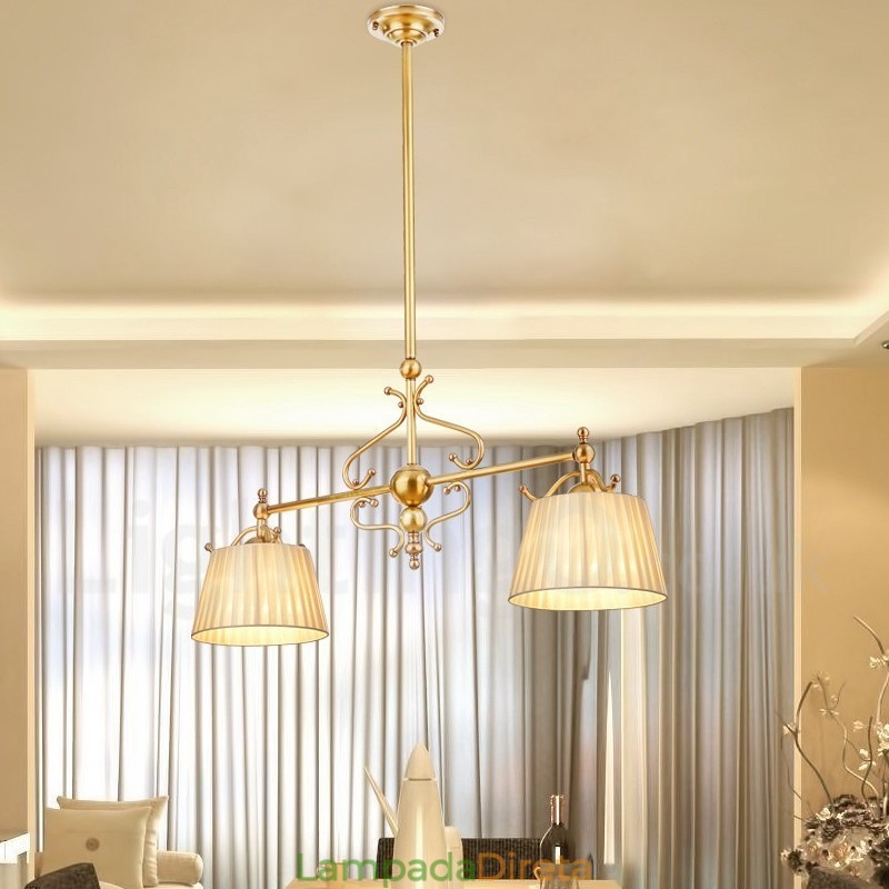 2 Luz Retro Rústico Luxo Latão Pendente Lâmpada Lustre com Tecido Sombra