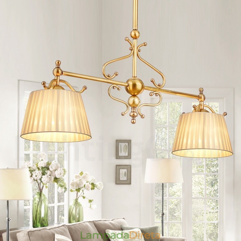 2 Luz Retro Rústico Luxo Latão Pendente Lâmpada Lustre com Tecido Sombra