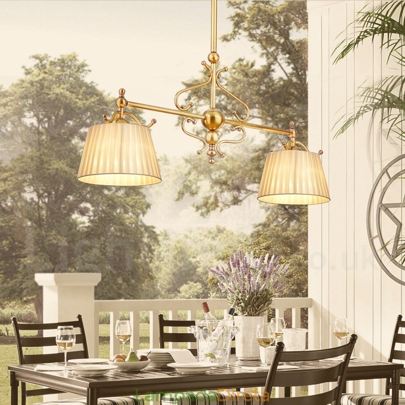 2 Luz Retro Rústico Luxo Latão Pendente Lâmpada Lustre com Tecido Sombra