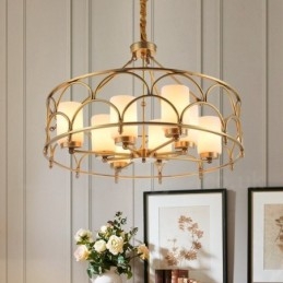 Lustre de pingente de latão luxuoso retrô rústico de 8 luzes com cúpula de vidro