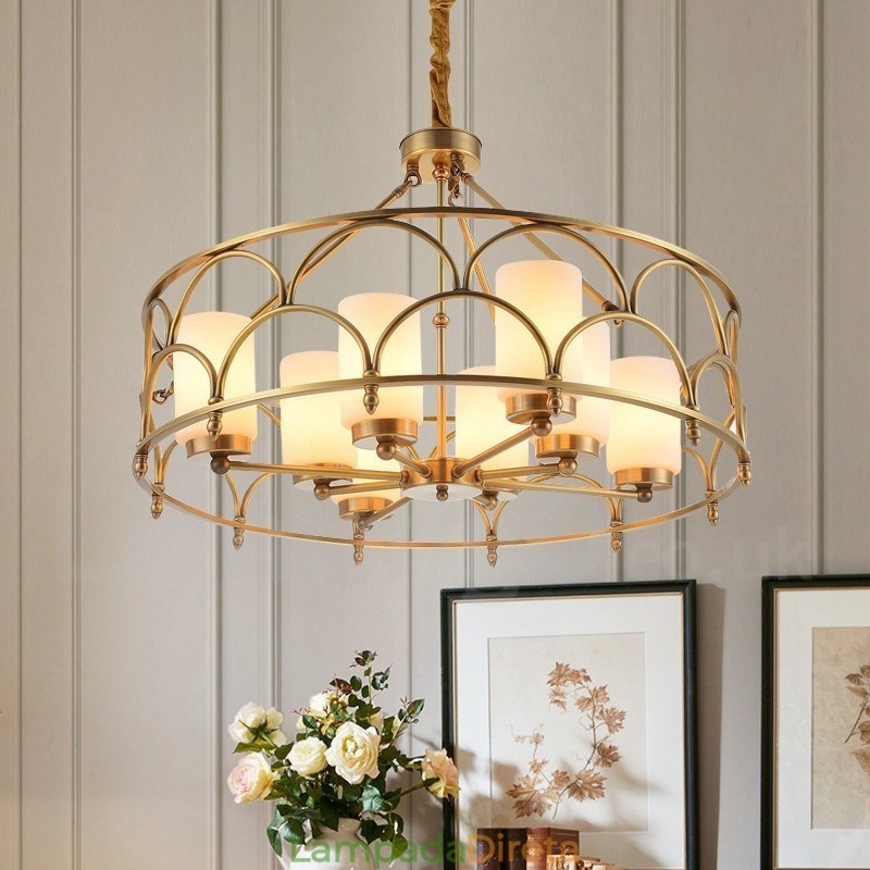 Lustre de pingente de latão luxuoso retrô rústico de 8 luzes com cúpula de vidro