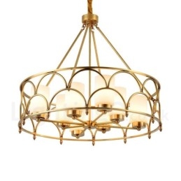 Lustre de pingente de latão luxuoso retrô rústico de 8 luzes com cúpula de vidro