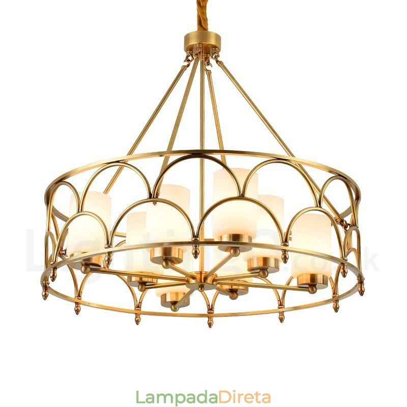 Lustre de pingente de latão luxuoso retrô rústico de 8 luzes com cúpula de vidro