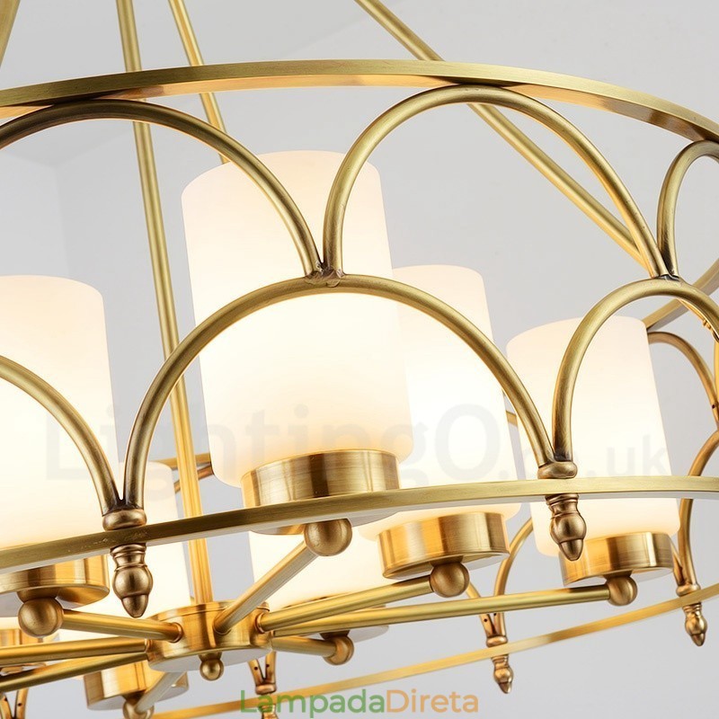 Lustre de pingente de latão luxuoso retrô rústico de 8 luzes com cúpula de vidro