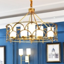 Lustre de pingente de latão luxuoso retrô rústico de 8 luzes com cúpula de vidro