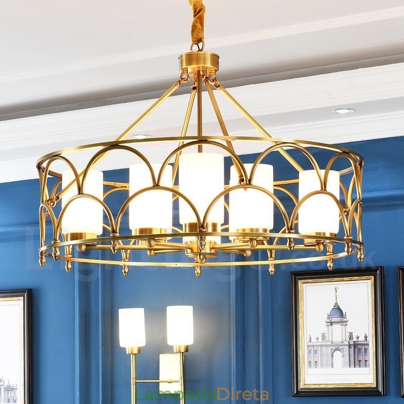 Lustre de pingente de latão luxuoso retrô rústico de 8 luzes com cúpula de vidro