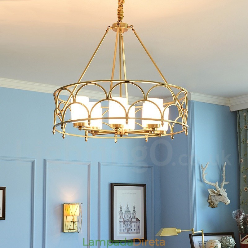 Lustre de pingente de latão luxuoso retrô rústico de 8 luzes com cúpula de vidro